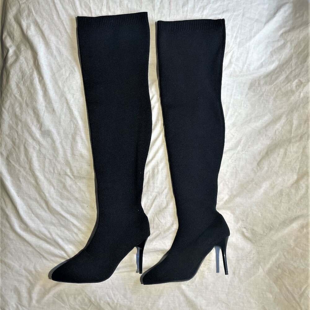 knee high womens black elastic high heeled boots size 40